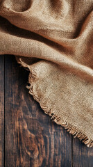 Poster - Hessian fabric folded neatly on rustic wooden planks, creating an inviting empty space perfect for various design applications