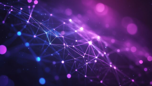 Abstract Technology Background with Colorful Glowing Nodes and Connecting Lines in Deep Purple and Blue Shades for Digital Designs