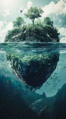 Poster - Lush green vegetation covers a floating island, with birds soaring above and a vibrant underwater ecosystem below