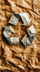 Poster - Recycling symbol crafted from crumpled paper resting on textured paper surface, representing eco-friendly sustainability