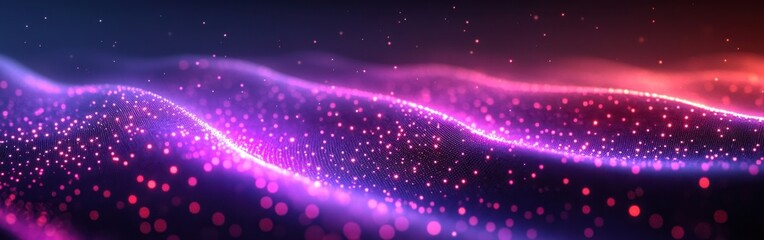 Poster - Abstract vibrant waves of colorful light flowing gently, creating a dreamy digital landscape with sparkling particles in purple, pink, and blue hues