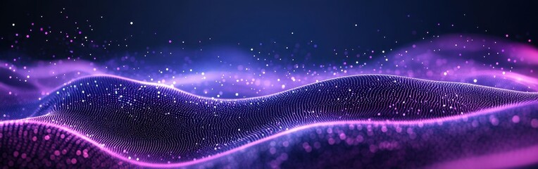 Fototapete - Abstract Visualization of Flowing Waves of Light with Sparkling Particles in Purple and Blue Tones for Futuristic Background or Design Elements