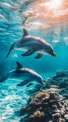 Poster - Sleek dolphins gliding near colorful coral reef, sunlight streaming through pristine turquoise waters, illuminating marine ecosystem