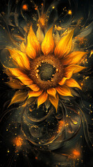 Aufkleber - Golden sunflower with spiral pattern blooming in a magical dark space with golden particles and glowing lights, fantasy illustration