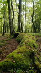 Poster - Verdant moss carpeting gnarled tree roots, highlighting forest's serene woodland landscape with rich emerald ground cover