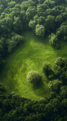 Poster - Aerial view of a vibrant green meadow nestled within a dense forest, creating a picturesque natural landscape