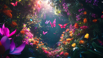 Wall Mural - vibrant and whimsical enchanted garden with colorful flowers and mystical creatures. mystical - port