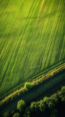 Poster - Lush green cultivated field meets a tree line creating a striking contrast in an aerial view