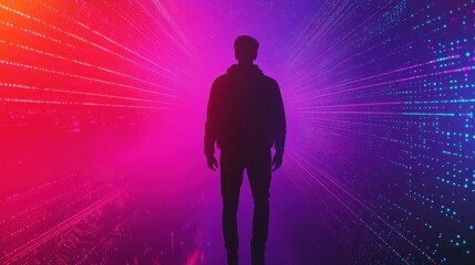 Wall Mural - retro-futuristic backdrop with neon grid fading into cosmic horizon