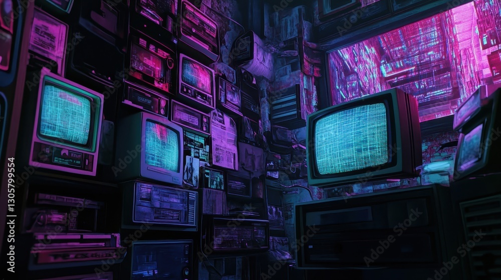 Bold wallpaper with neon comic grid and VHS overlay for 1980s sci-fi ...