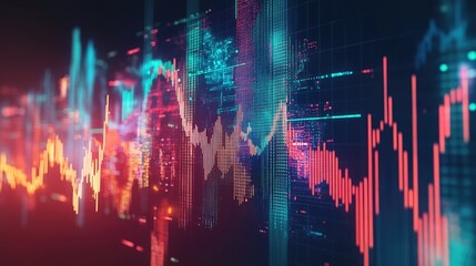 Poster - Abstract global economy visualization with floating data, a digital chart, and an ascending growth trend.
