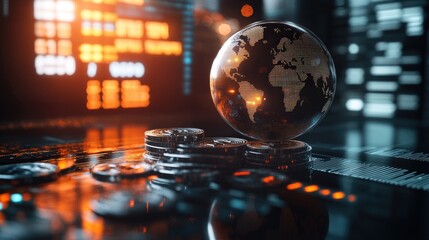 Poster - AI-driven finance concept with a glowing world globe, stock data, and a pile of digital coins.