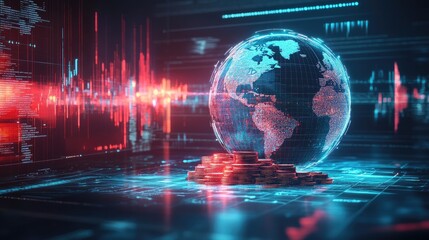 Poster - AI-driven finance concept with a glowing world globe, stock data, and a pile of digital coins.