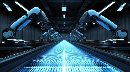 Poster - Automated robotic arm scanning and inspecting products on a conveyor belt.
