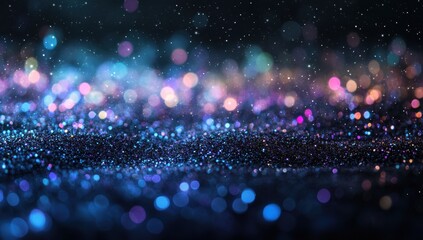 Poster - Captivating Glitter Particles in Vibrant Colors with a Blurred Background for Magical and Dreamy Atmosphere in Artistic Imagery