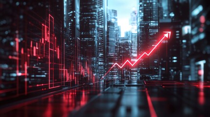 Poster - Business expansion strategy illustrated with a futuristic histogram and a rising red financial arrow.