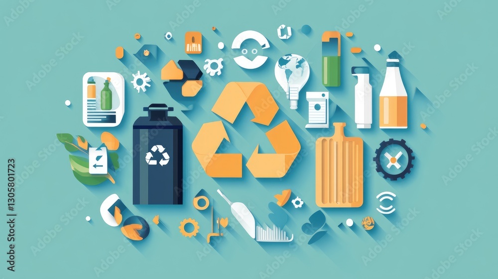 Circular economy concept with recycling symbols, renewable energy icons ...