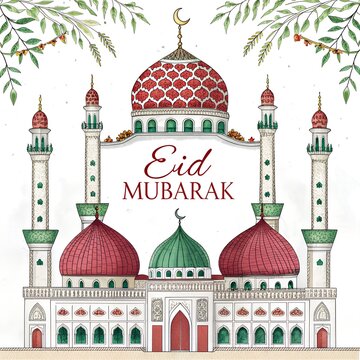 Eid mubarak decoration design leaf mosque  isolated on white background 