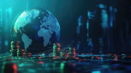 Poster - Conceptual digital banking image with online transactions, stacked coins, and a high-tech world globe.