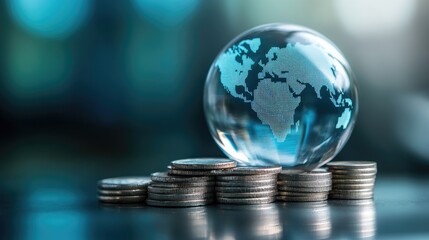 Poster - Conceptual digital banking image with online transactions, stacked coins, and a high-tech world globe.