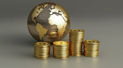 Poster - Conceptual image of international banking with a metallic world globe, currency stacks, and trading charts.