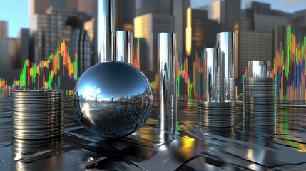 Poster - Conceptual image of international banking with a metallic world globe, currency stacks, and trading charts.