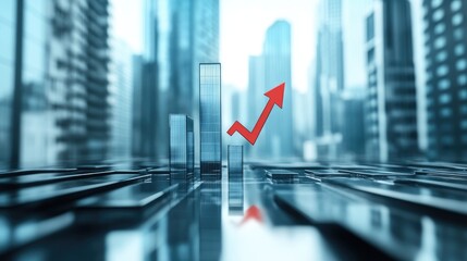 Poster - Corporate profit increase represented by a D bar chart, a futuristic histogram, and a red trend arrow.