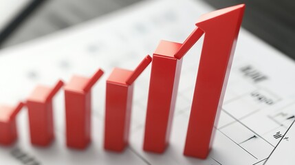 Poster - Corporate success illustrated with a rising red arrow on a bar graph, reflecting business growth trends.