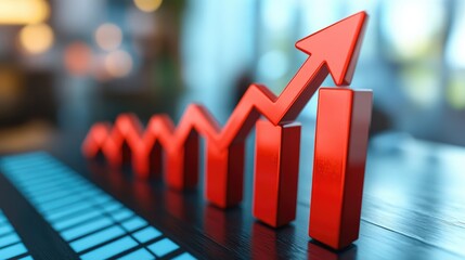 Poster - Corporate success illustrated with a rising red arrow on a bar graph, reflecting business growth trends.