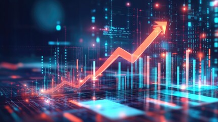 Poster - Digital banking and investment growth concept featuring a histogram and an ascending red arrow.