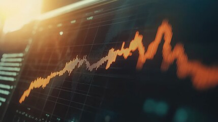 Poster - Digital finance analytics with a rising histogram and an upward-moving glowing red arrow.