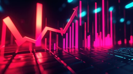 Poster - Economic progress concept featuring a D histogram with a bright red arrow trending upwards.