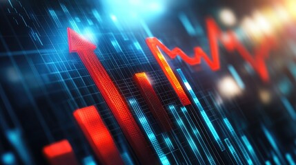 Poster - Economic progress concept featuring a D histogram with a bright red arrow trending upwards.