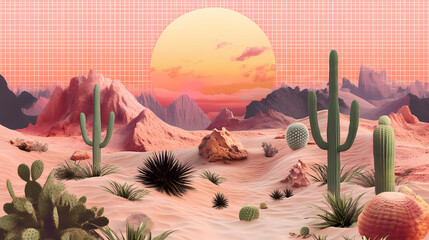 Wall Mural - Png surreal collage with nature elements set, isolated on transparent background. Surreal - Desert. Illustration