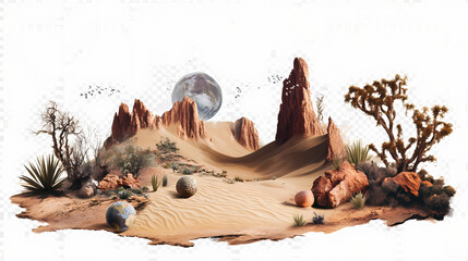 Wall Mural - Png surreal collage with nature elements set, isolated on transparent background. Surreal - Desert. Illustration