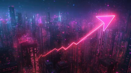 Poster - Financial market recovery illustrated with a neon-lit upward arrow and stock exchange data trends.