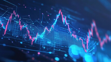 Poster - Financial market trends visualized with blue glowing technology, cryptocurrency, and business growth.