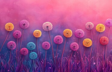 Poster - Colorful Artistic Representation of Whimsical Flower Field with a Gradient Background of Pink and Purple Shades