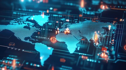 Poster - Global business finance with currency symbols, digital transactions, and a glowing blue world map.