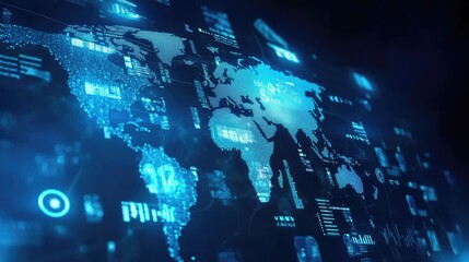 Poster - Global business finance with currency symbols, digital transactions, and a glowing blue world map.