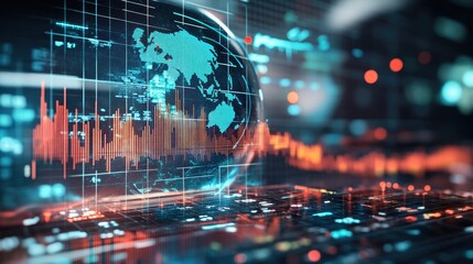 Poster - Global economy innovation with digital transactions, AI-powered market trends, and growing wealth.