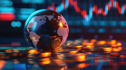 Poster - Glowing world globe resting on gold coins with digital trading charts in the background.