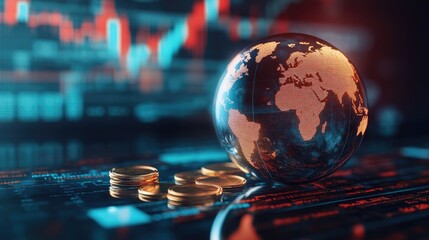 Poster - Glowing world globe resting on gold coins with digital trading charts in the background.