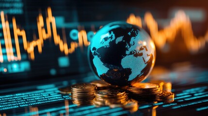 Poster - Glowing world globe resting on gold coins with digital trading charts in the background.