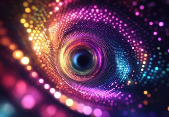 Fototapete - Colorful Digital Swirl of Light Particles in a Black Hole-Like Tunnel Creating a Vortex of Energy and Vibrant Colors