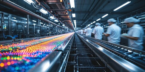 Poster - brightly colored production line with workers in white uniforms engaging in quality control tasks
