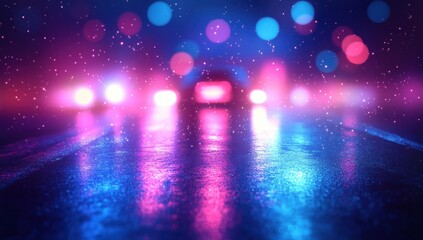 Poster - Colorful Neon Night Street Scene with Raindrops and Bokeh Effect, Abstract Blurry Lights and a Car in a Vibrant Urban Environment