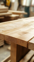 Aufkleber - Close-up of wooden planks stacked in a carpentry workshop, showcasing the natural wood grain and texture