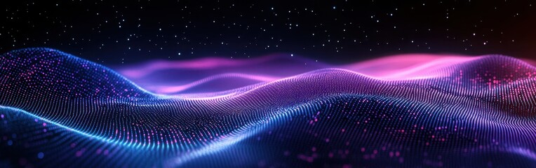Fototapete - Colorful waves of glowing particles create an abstract digital landscape with stars shining in a dark sky, representing technology and creativity.