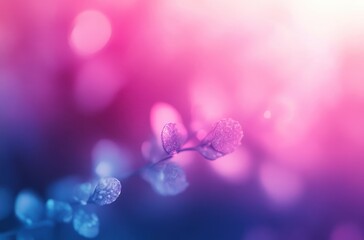 Poster - Delicate Abstract Background of Dewy Leaves with Soft Pink and Blue Bokeh Highlights Emitting a Dreamy and Ethereal Atmosphere